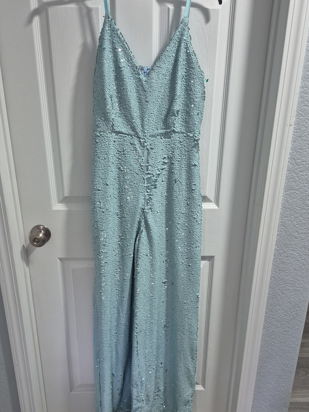 Sequin Spaghetti-Strap Jumpsuit in Light Aqua
